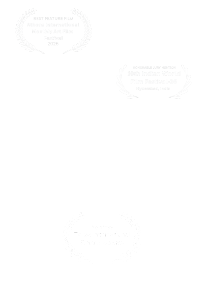 Three faint festival award seals positioned in the top left, top right, and bottom center on a white background (decorative watermark). They appear as pale laureate circles indicating awards.