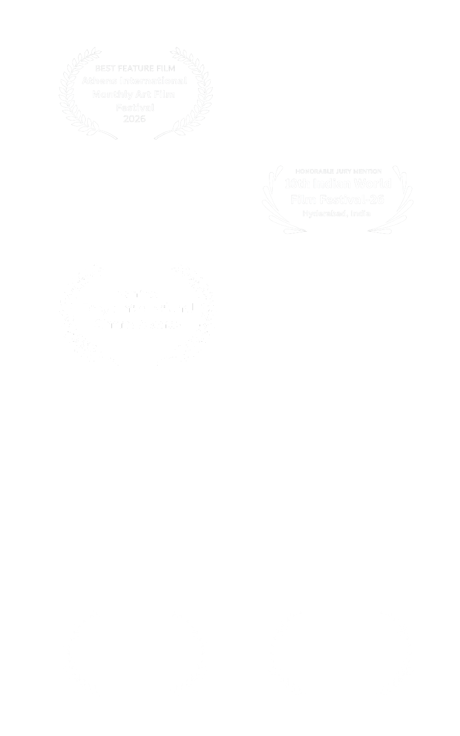 Laurel_logo_Setup Three faint festival award seals positioned in the top left, top right, and bottom center on a white background (decorative watermark). They appear as pale laureate circles indicating awards.