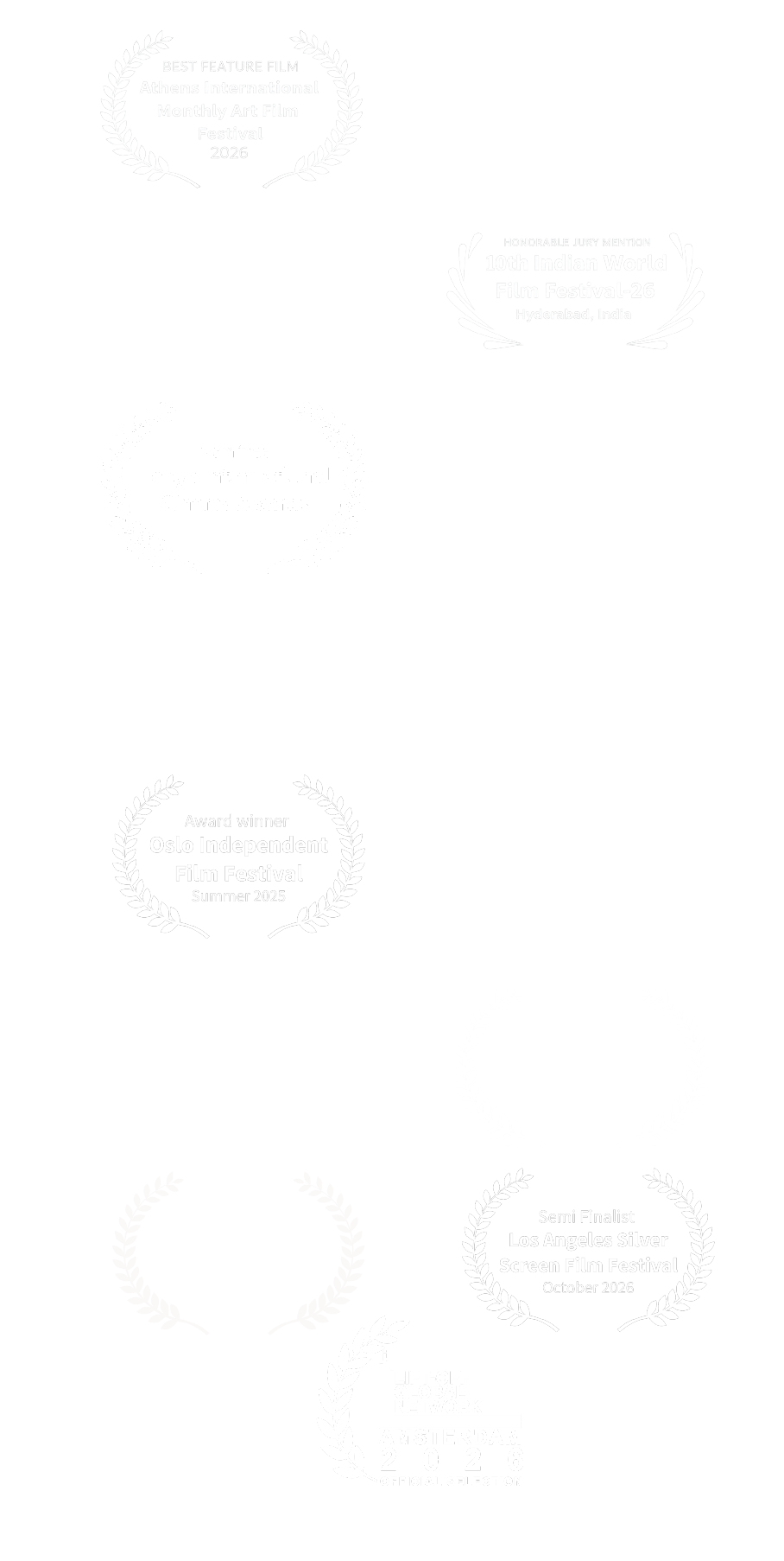 Laurel_logo_Setup Three faint festival award seals positioned in the top left, top right, and bottom center on a white background (decorative watermark). They appear as pale laureate circles indicating awards.