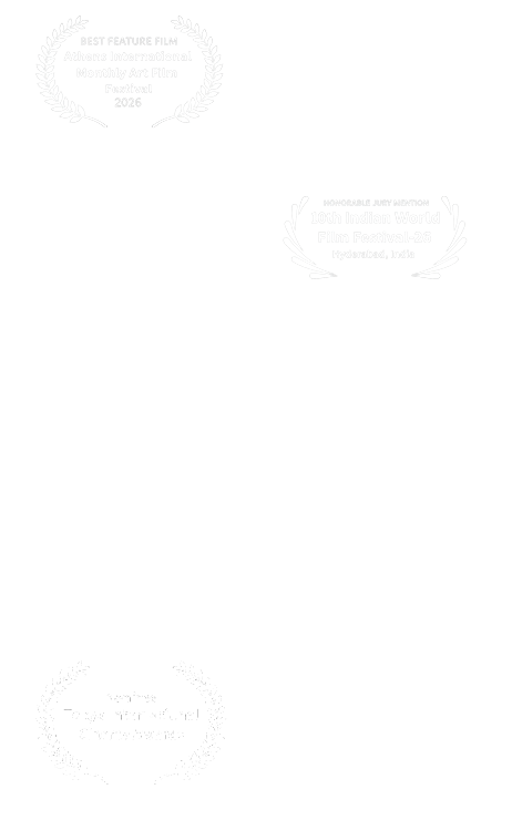 Three faint festival award seals positioned in the top left, top right, and bottom center on a white background (decorative watermark). They appear as pale laureate circles indicating awards.