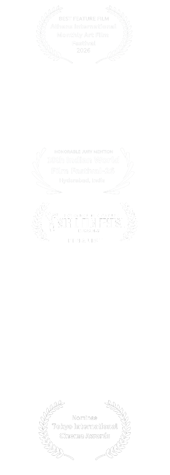 Vertical stack of pale laurel-wreath award emblems with faint festival names: Best Feature Film (Athens International Film Festival), 10th Indian World Film Festival, and Tokyo International Cinema Awards, indicating multiple film festival awards.